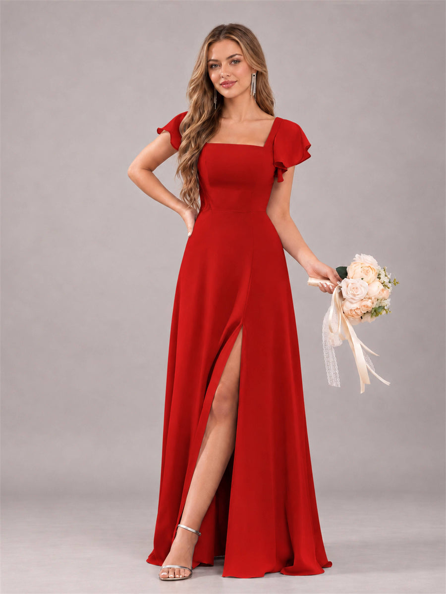 Red Modern Square Neck Cap Sleeves Lace Up Chiffon Bridesmaid Dress