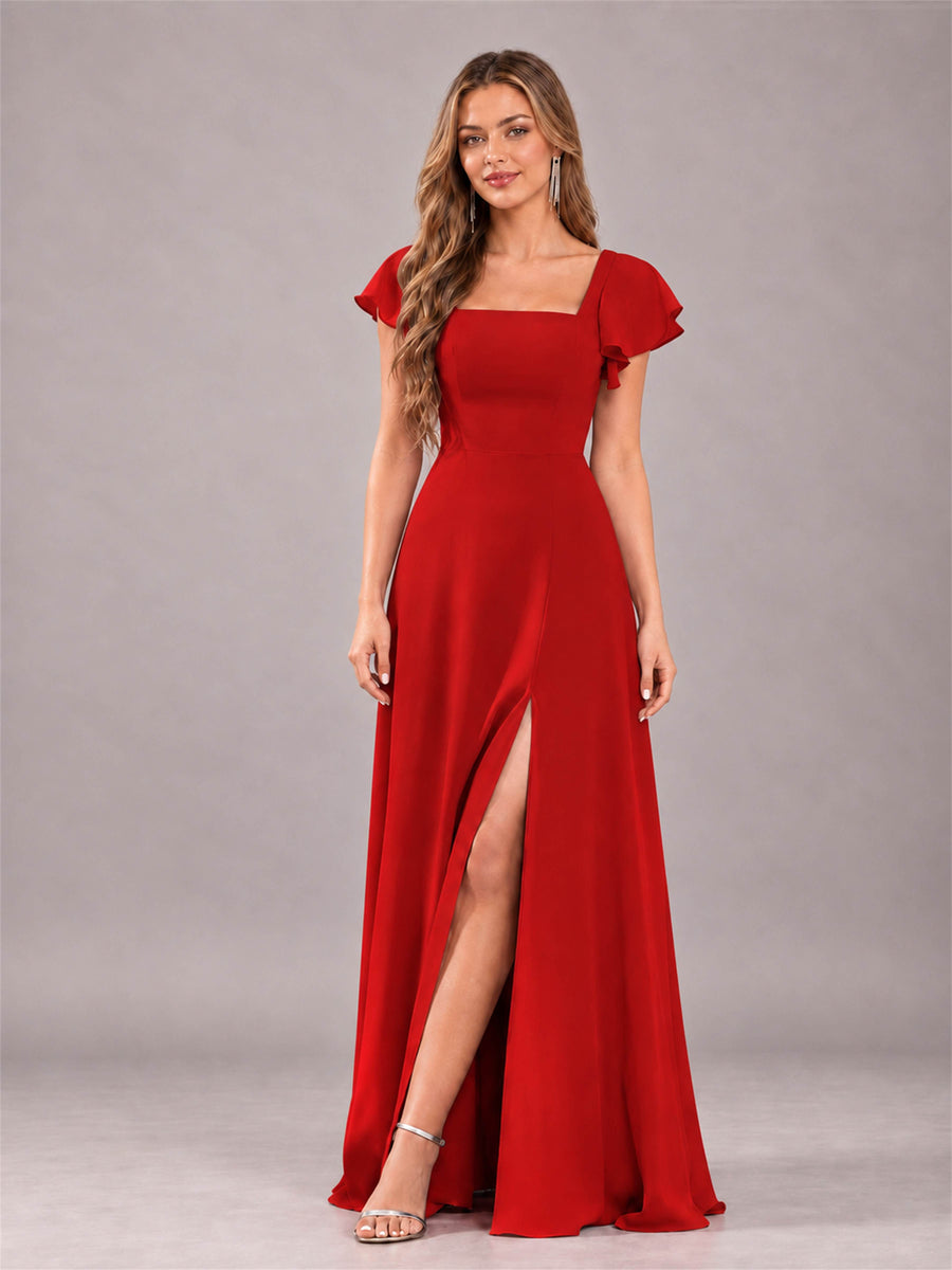 Red Modern Square Neck Cap Sleeves Lace Up Chiffon Bridesmaid Dress