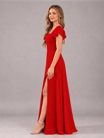 Red Modern Square Neck Cap Sleeves Lace Up Chiffon Bridesmaid Dress