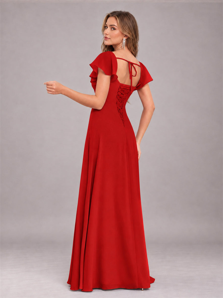Red Modern Square Neck Cap Sleeves Lace Up Chiffon Bridesmaid Dress