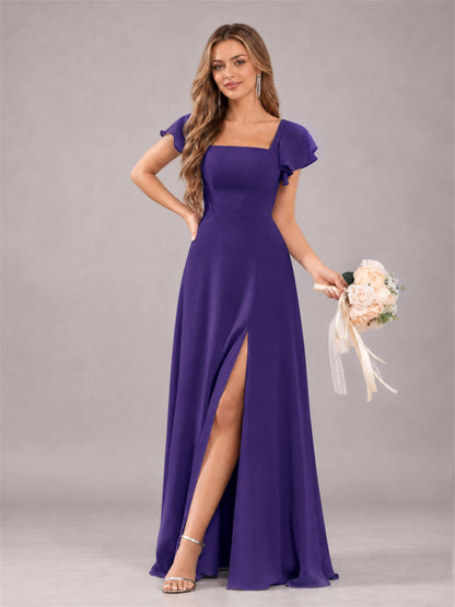 Regency Modern Square Neck Cap Sleeves Lace Up Chiffon Bridesmaid Dress