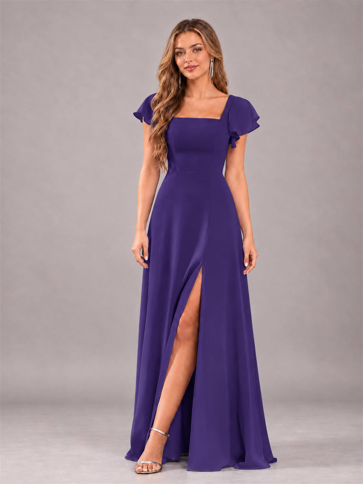 Regency Modern Square Neck Cap Sleeves Lace Up Chiffon Bridesmaid Dress