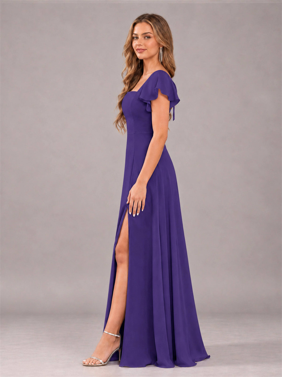Regency Modern Square Neck Cap Sleeves Lace Up Chiffon Bridesmaid Dress