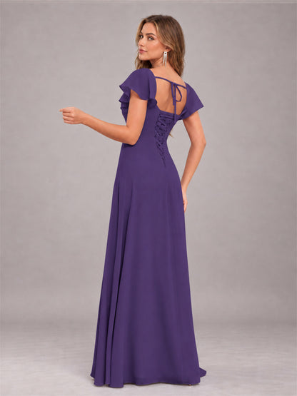 Regency Modern Square Neck Cap Sleeves Lace Up Chiffon Bridesmaid Dress