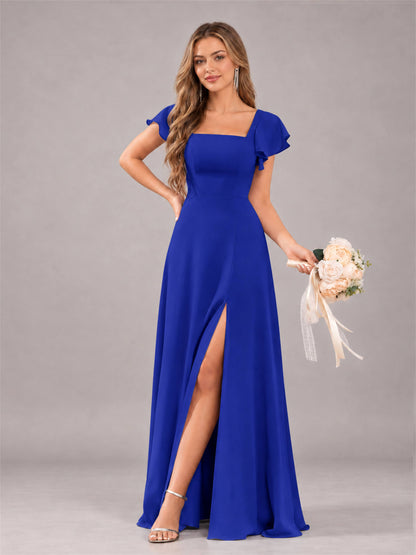Royal Blue Modern Square Neck Cap Sleeves Lace Up Chiffon Bridesmaid Dress