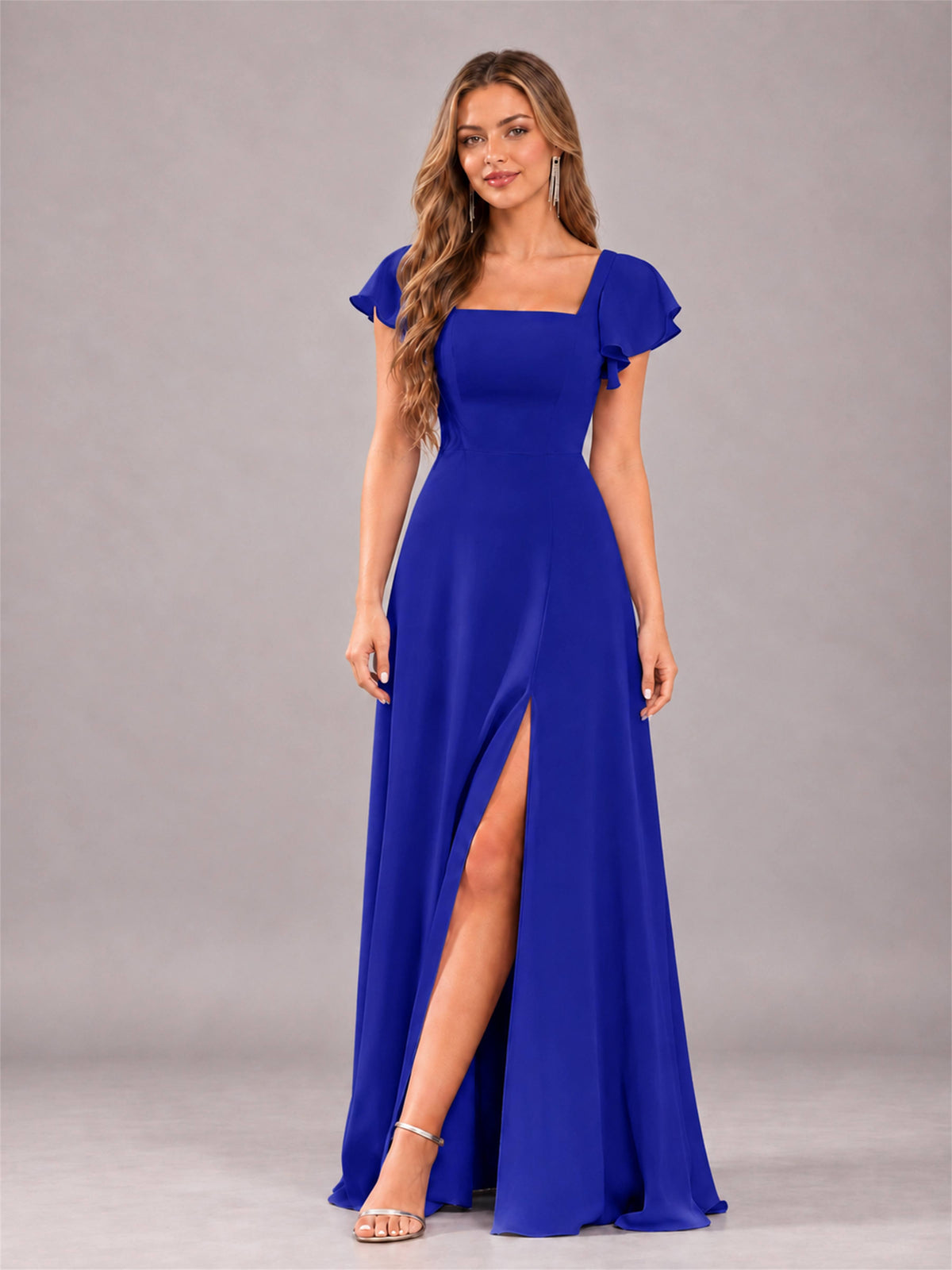 Royal Blue Modern Square Neck Cap Sleeves Lace Up Chiffon Bridesmaid Dress