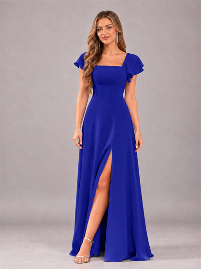 Royal Blue Modern Square Neck Cap Sleeves Lace Up Chiffon Bridesmaid Dress