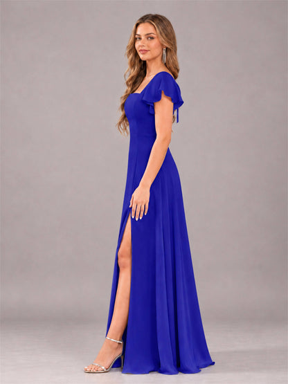 Royal Blue Modern Square Neck Cap Sleeves Lace Up Chiffon Bridesmaid Dress