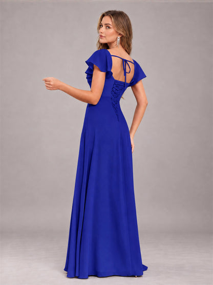Royal Blue Modern Square Neck Cap Sleeves Lace Up Chiffon Bridesmaid Dress
