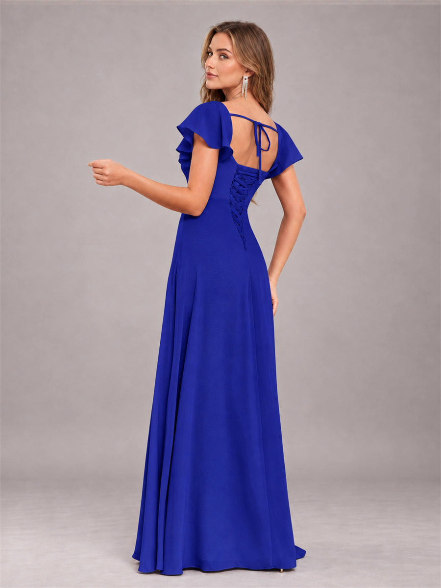 Royal Blue Modern Square Neck Cap Sleeves Lace Up Chiffon Bridesmaid Dress