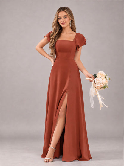 Rust Modern Square Neck Cap Sleeves Lace Up Chiffon Bridesmaid Dress