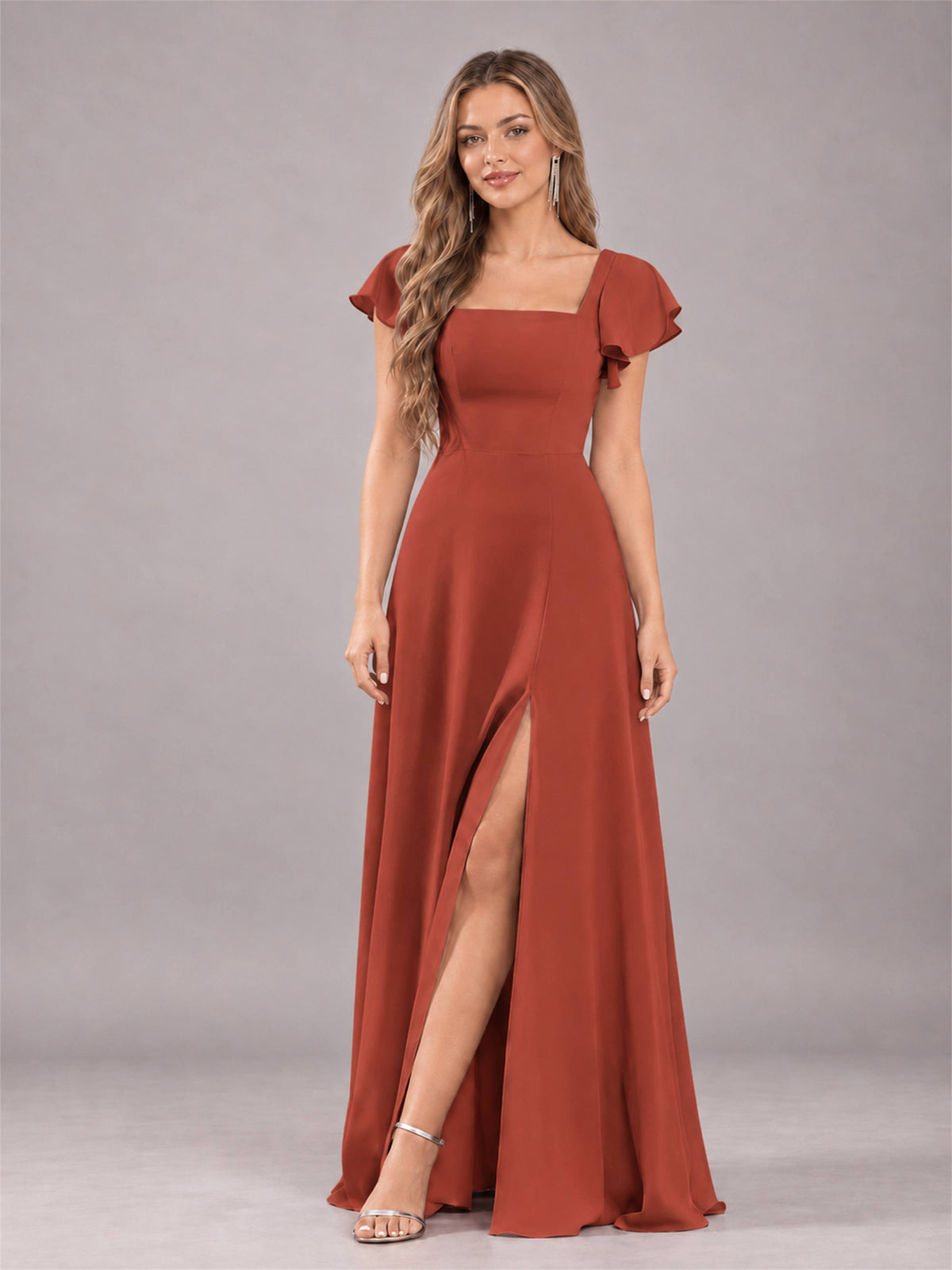 Rust Modern Square Neck Cap Sleeves Lace Up Chiffon Bridesmaid Dress