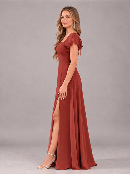 Rust Modern Square Neck Cap Sleeves Lace Up Chiffon Bridesmaid Dress