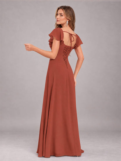 Rust Modern Square Neck Cap Sleeves Lace Up Chiffon Bridesmaid Dress