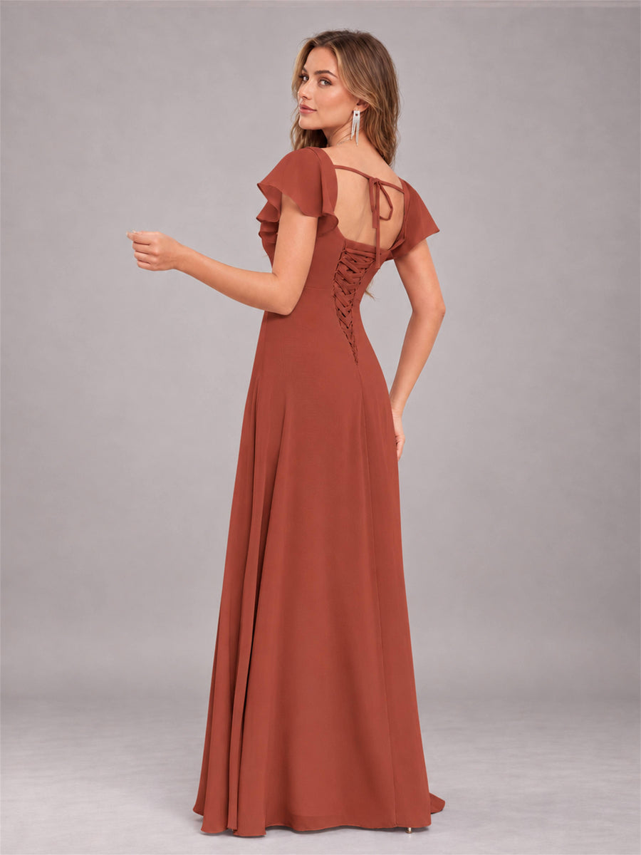 Rust Modern Square Neck Cap Sleeves Lace Up Chiffon Bridesmaid Dress