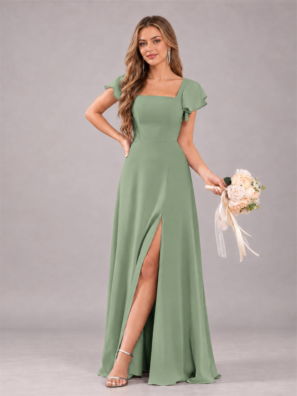 Sage Green Modern Square Neck Cap Sleeves Lace Up Chiffon Bridesmaid Dress