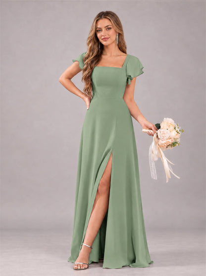 Sage Green Modern Square Neck Cap Sleeves Lace Up Chiffon Bridesmaid Dress