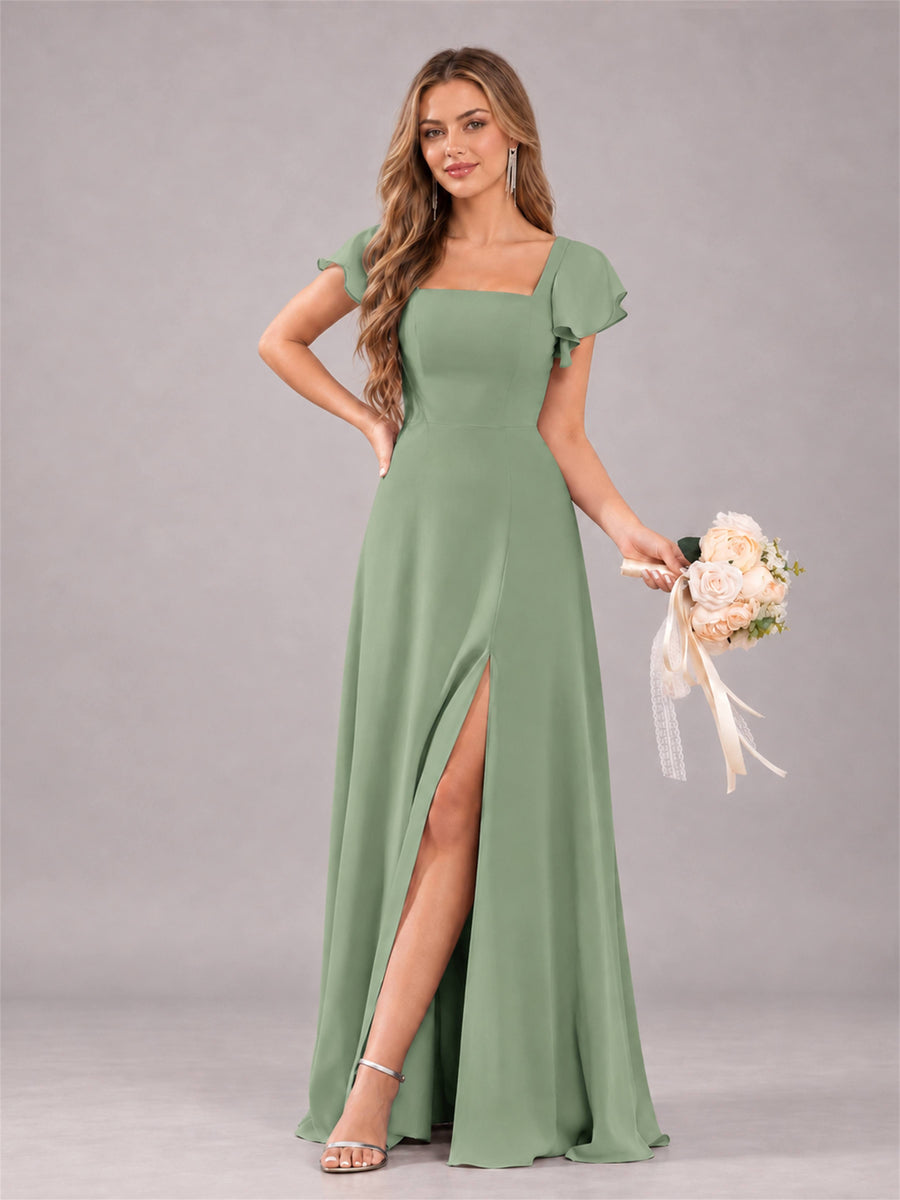 Sage Green Modern Square Neck Cap Sleeves Lace Up Chiffon Bridesmaid Dress