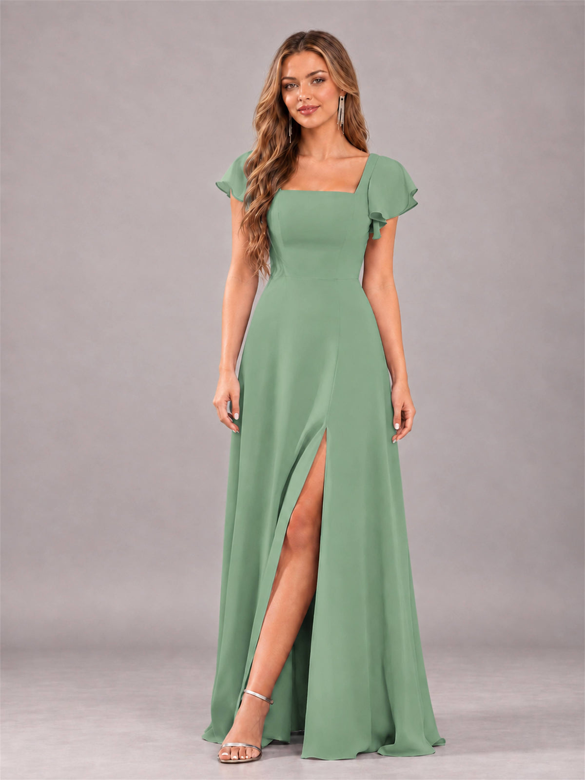 Sage Green Modern Square Neck Cap Sleeves Lace Up Chiffon Bridesmaid Dress