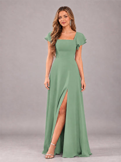 Sage Green Modern Square Neck Cap Sleeves Lace Up Chiffon Bridesmaid Dress