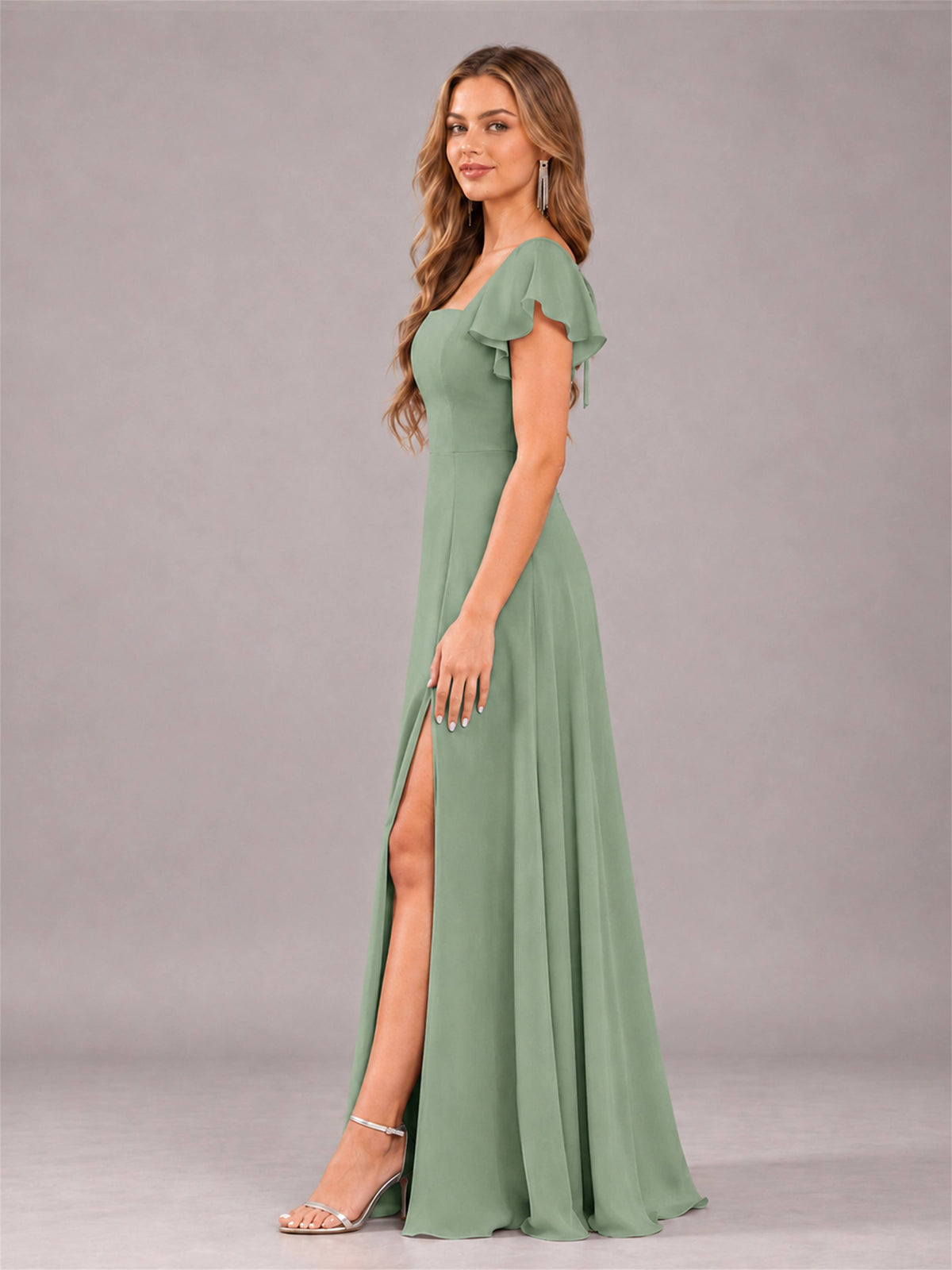 Sage Green Modern Square Neck Cap Sleeves Lace Up Chiffon Bridesmaid Dress