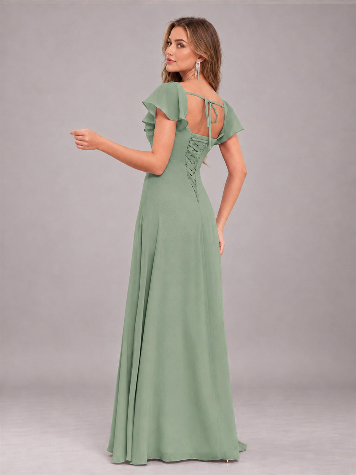 Sage Green Modern Square Neck Cap Sleeves Lace Up Chiffon Bridesmaid Dress
