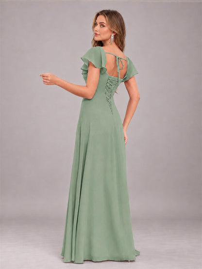 Sage Green Modern Square Neck Cap Sleeves Lace Up Chiffon Bridesmaid Dress