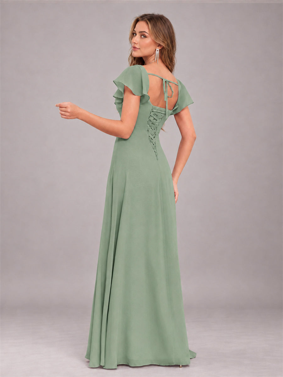 Sage Green Modern Square Neck Cap Sleeves Lace Up Chiffon Bridesmaid Dress
