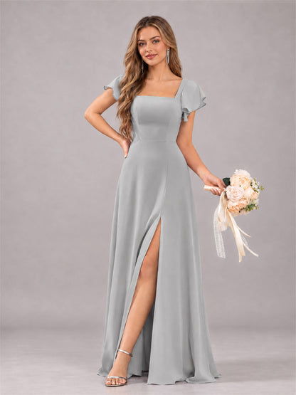Silver Modern Square Neck Cap Sleeves Lace Up Chiffon Bridesmaid Dress