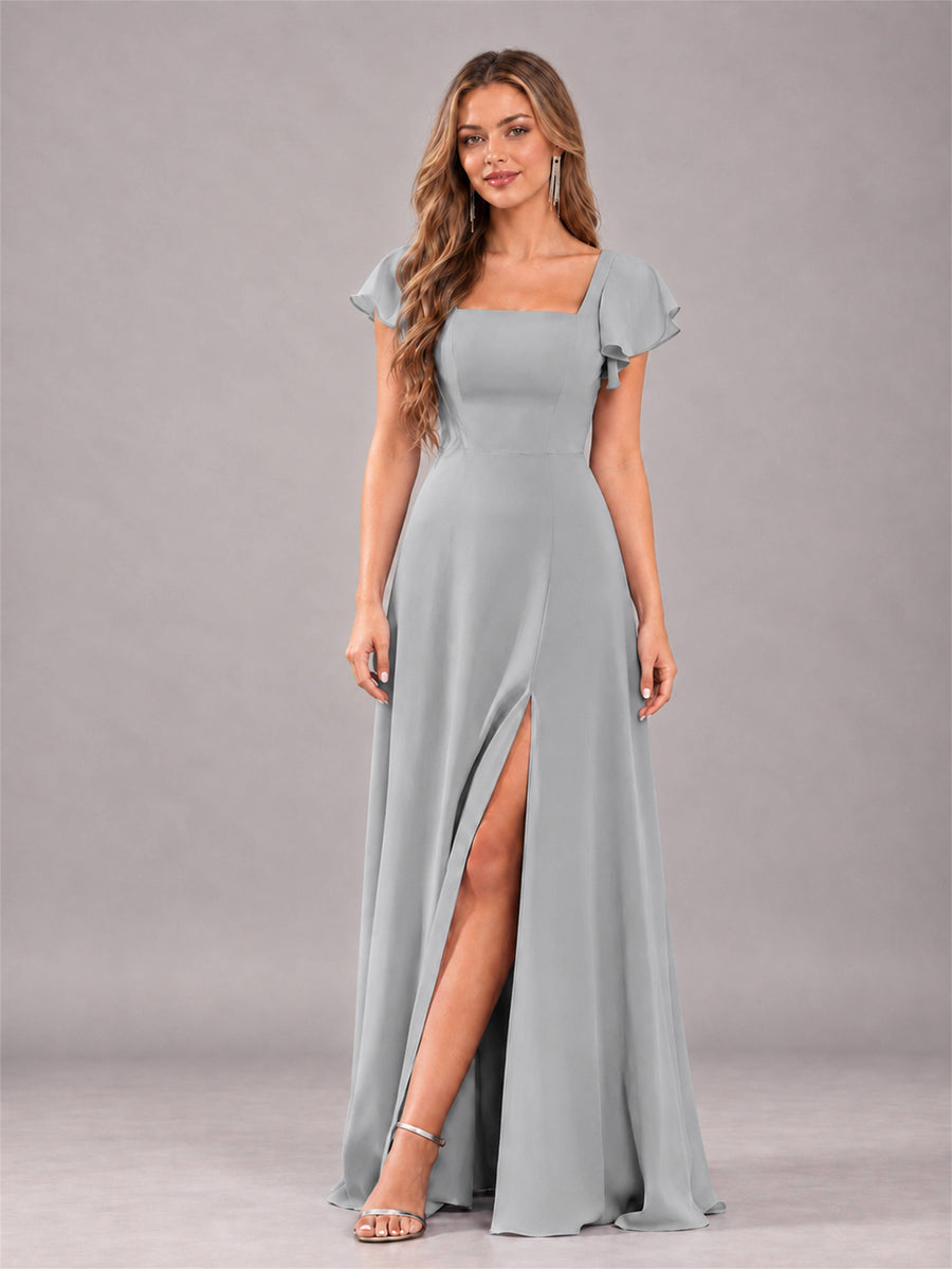 Silver Modern Square Neck Cap Sleeves Lace Up Chiffon Bridesmaid Dress
