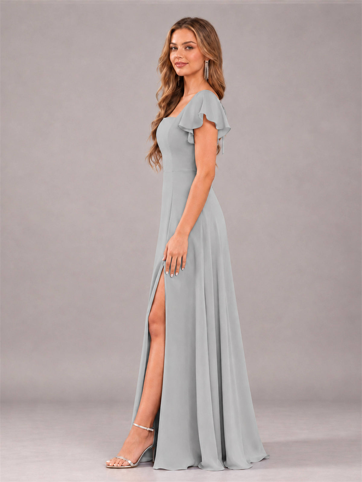 Silver Modern Square Neck Cap Sleeves Lace Up Chiffon Bridesmaid Dress
