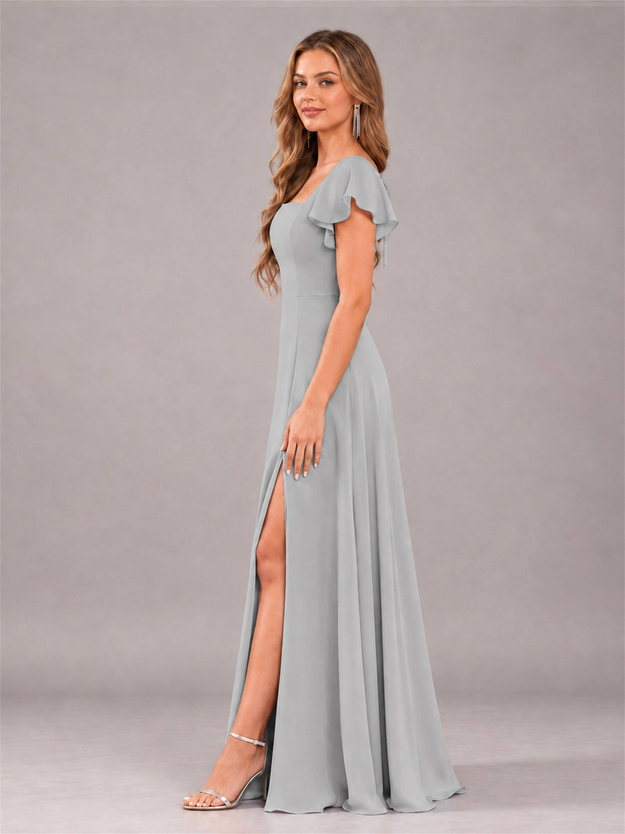 Silver Modern Square Neck Cap Sleeves Lace Up Chiffon Bridesmaid Dress