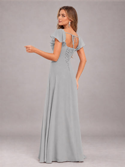 Silver Modern Square Neck Cap Sleeves Lace Up Chiffon Bridesmaid Dress