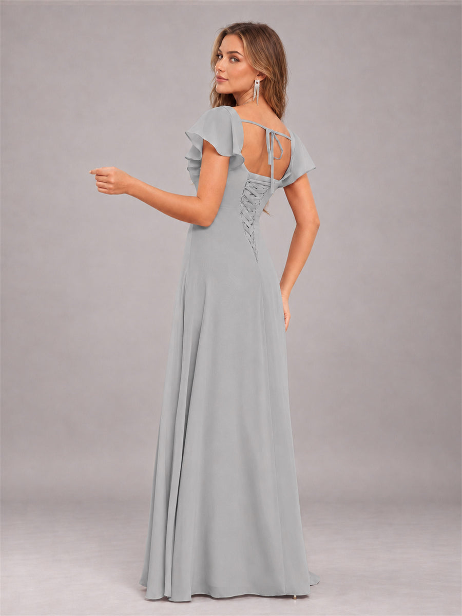 Silver Modern Square Neck Cap Sleeves Lace Up Chiffon Bridesmaid Dress