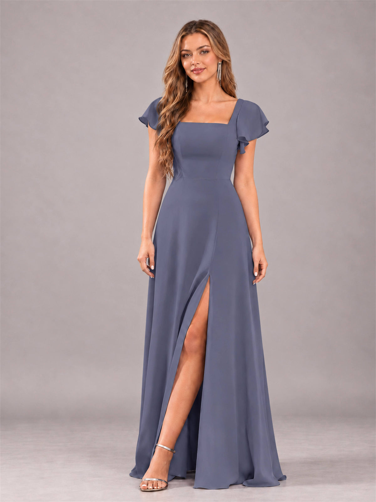 Stormy Blue Modern Square Neck Cap Sleeves Lace Up Chiffon Bridesmaid Dress