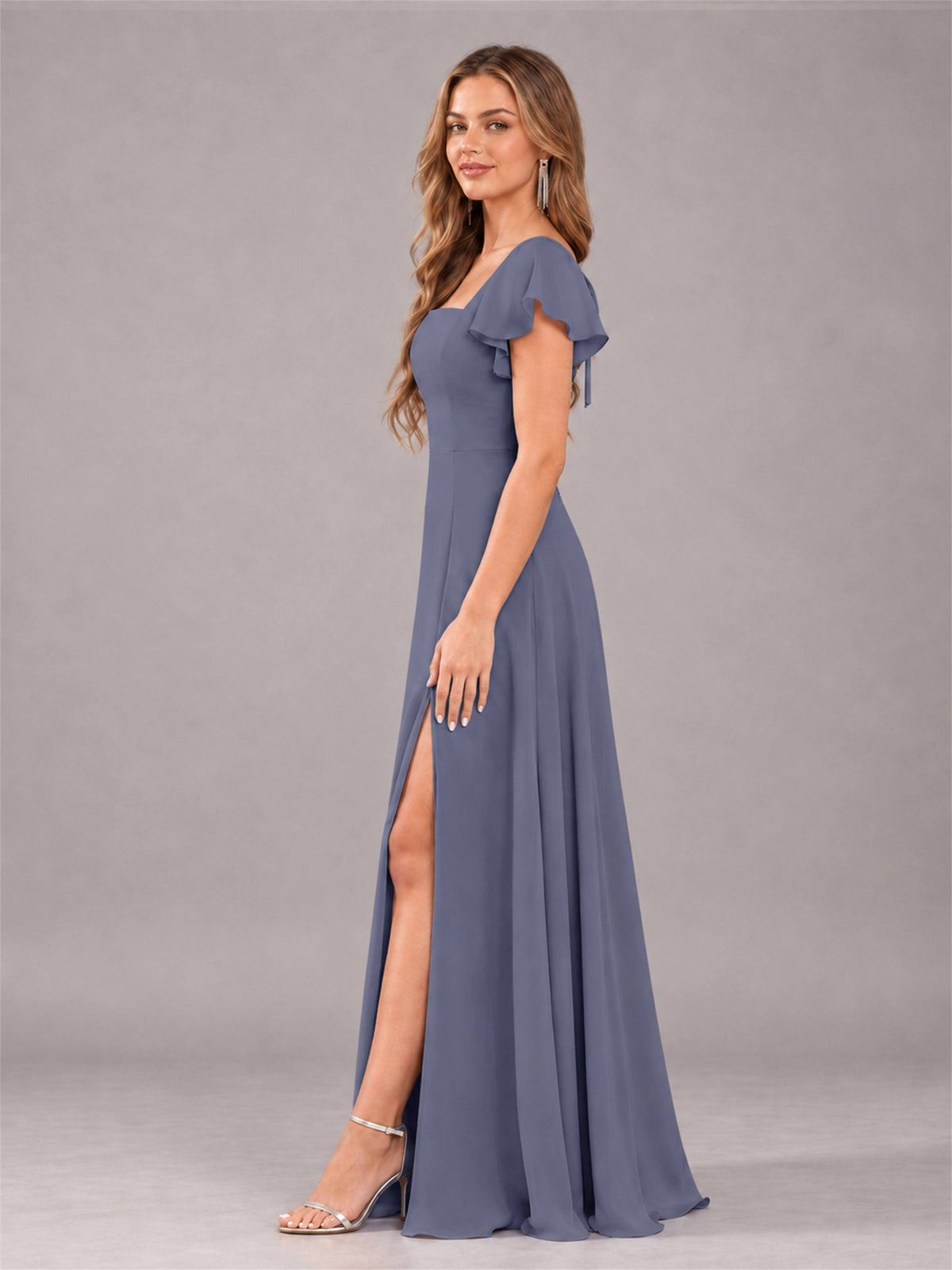 Stormy Blue Modern Square Neck Cap Sleeves Lace Up Chiffon Bridesmaid Dress