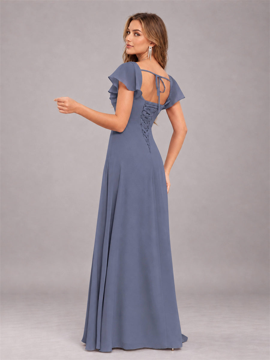 Stormy Blue Modern Square Neck Cap Sleeves Lace Up Chiffon Bridesmaid Dress