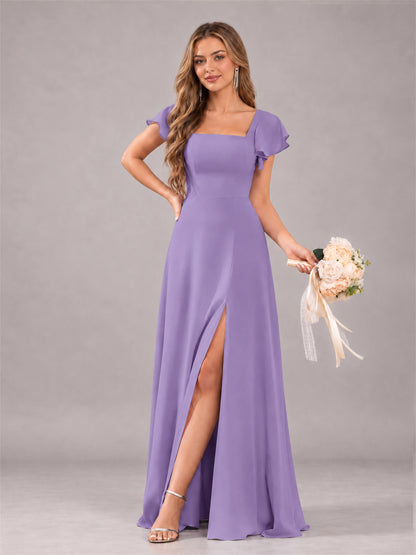 Tahiti Modern Square Neck Cap Sleeves Lace Up Chiffon Bridesmaid Dress
