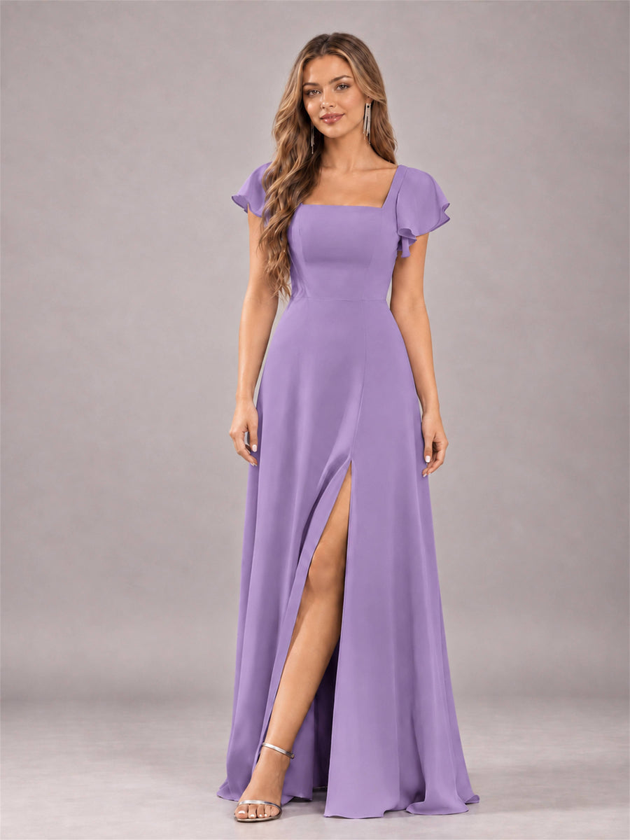 Tahiti Modern Square Neck Cap Sleeves Lace Up Chiffon Bridesmaid Dress