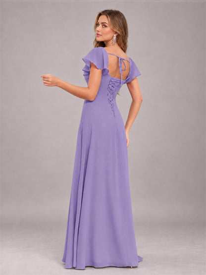 Tahiti Modern Square Neck Cap Sleeves Lace Up Chiffon Bridesmaid Dress