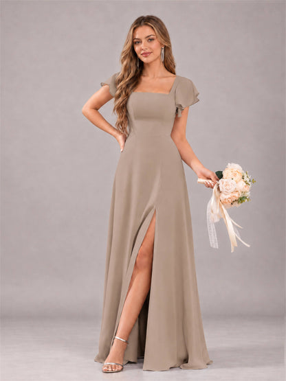 Taupe Modern Square Neck Cap Sleeves Lace Up Chiffon Bridesmaid Dress