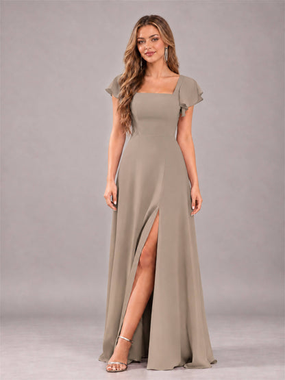 Taupe Modern Square Neck Cap Sleeves Lace Up Chiffon Bridesmaid Dress