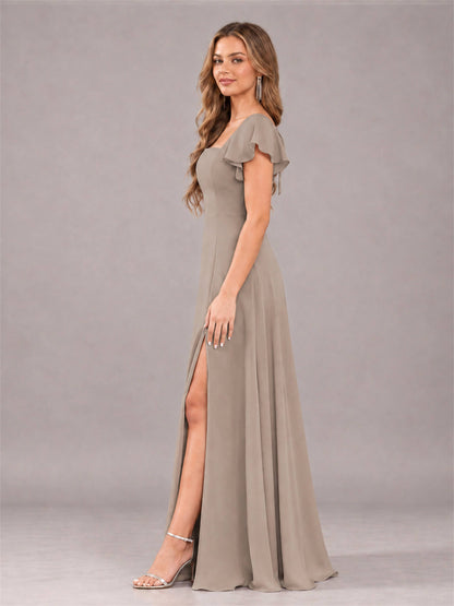 Taupe Modern Square Neck Cap Sleeves Lace Up Chiffon Bridesmaid Dress