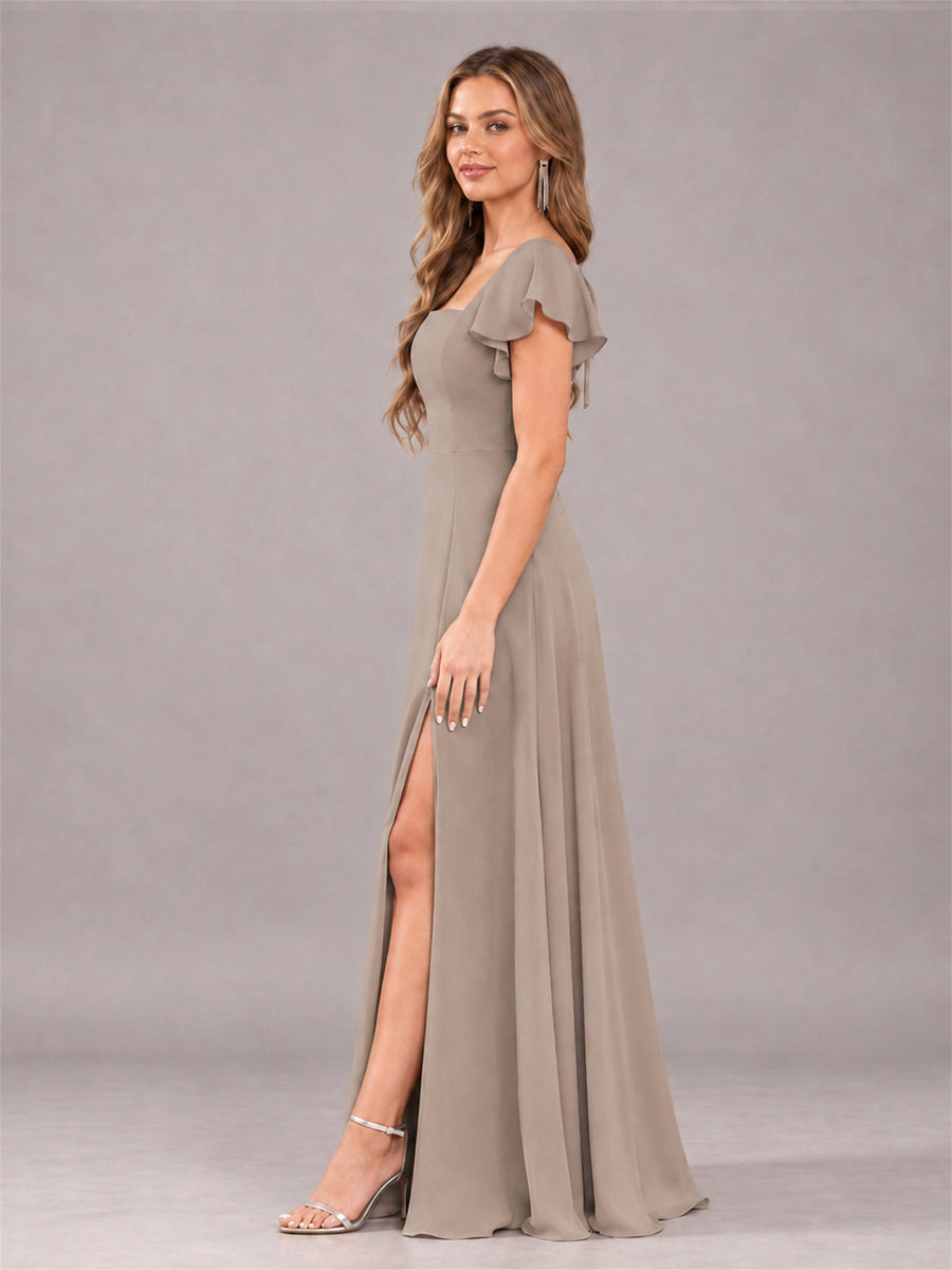 Taupe Modern Square Neck Cap Sleeves Lace Up Chiffon Bridesmaid Dress