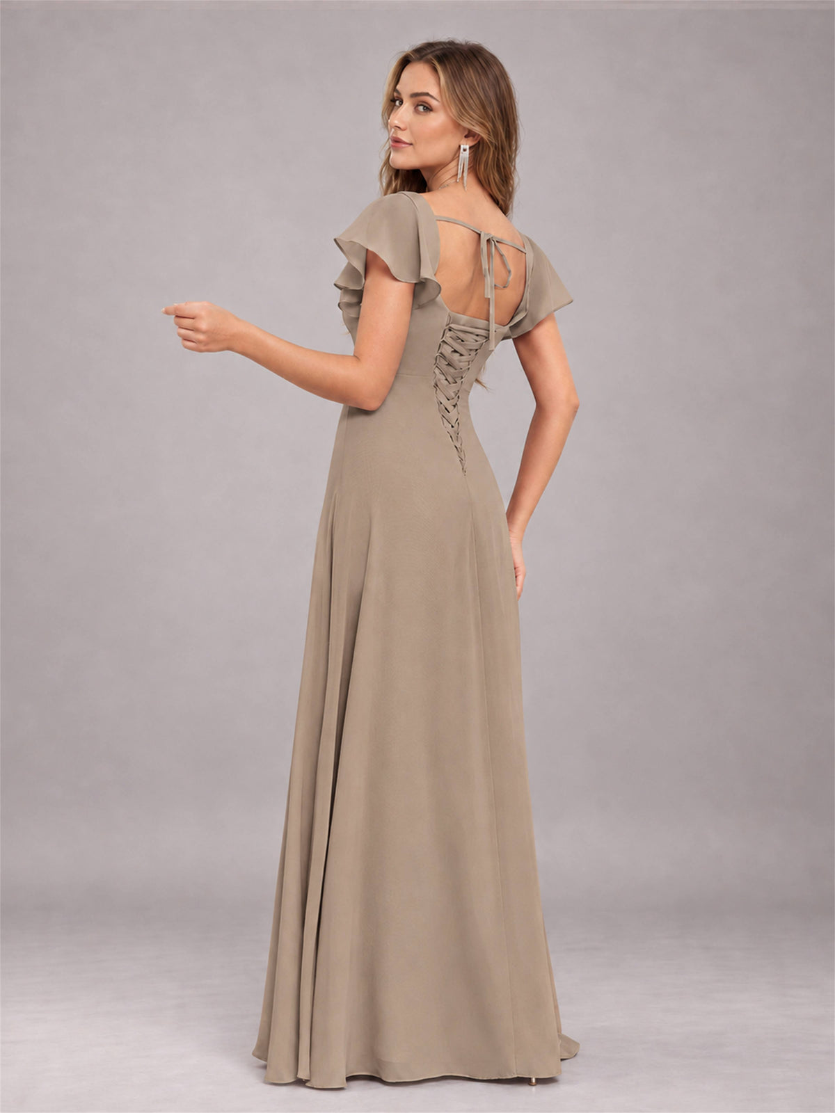Taupe Modern Square Neck Cap Sleeves Lace Up Chiffon Bridesmaid Dress