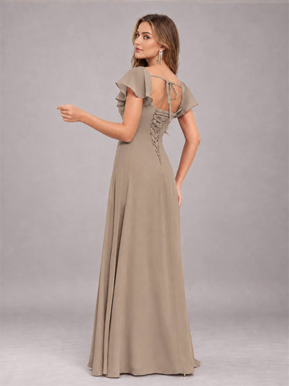 Taupe Modern Square Neck Cap Sleeves Lace Up Chiffon Bridesmaid Dress