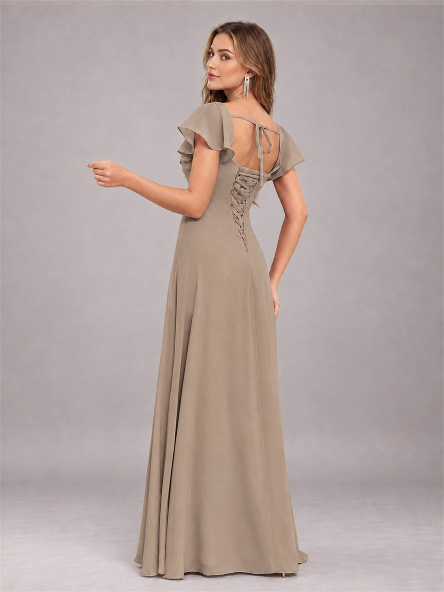 Taupe Modern Square Neck Cap Sleeves Lace Up Chiffon Bridesmaid Dress