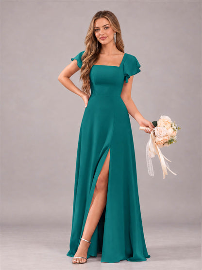 Teal Modern Square Neck Cap Sleeves Lace Up Chiffon Bridesmaid Dress