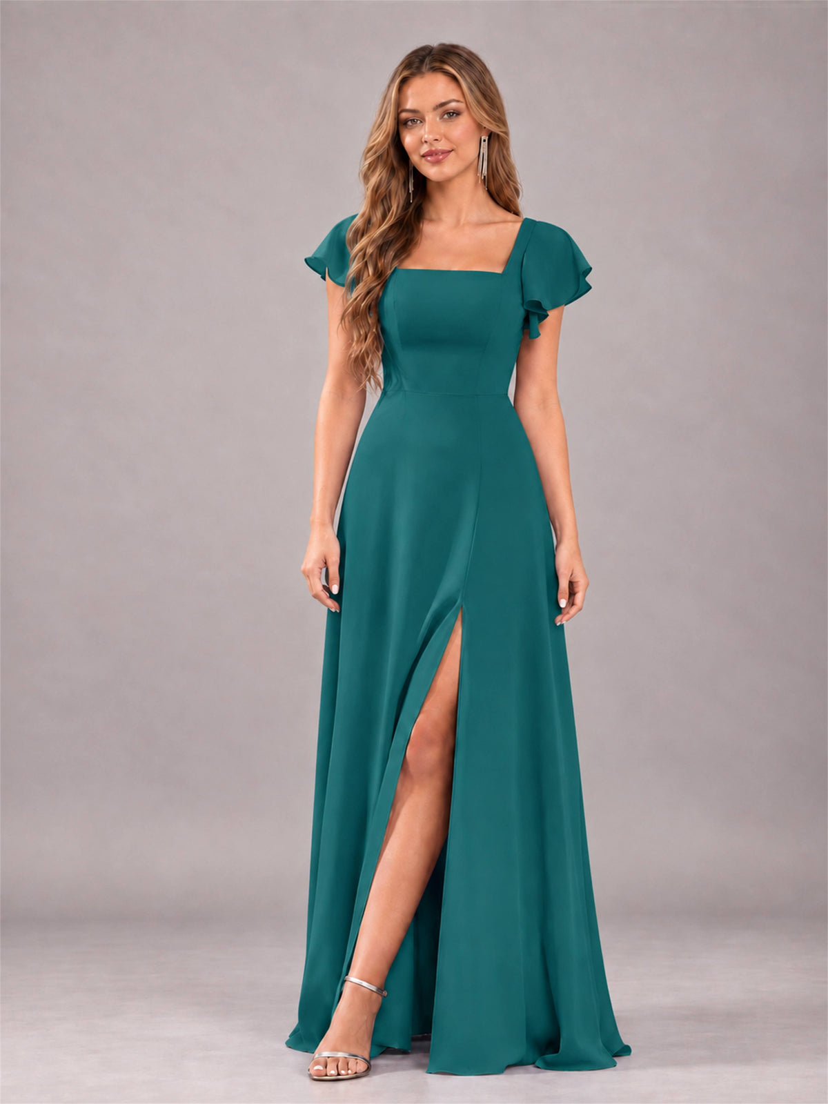 Teal Modern Square Neck Cap Sleeves Lace Up Chiffon Bridesmaid Dress