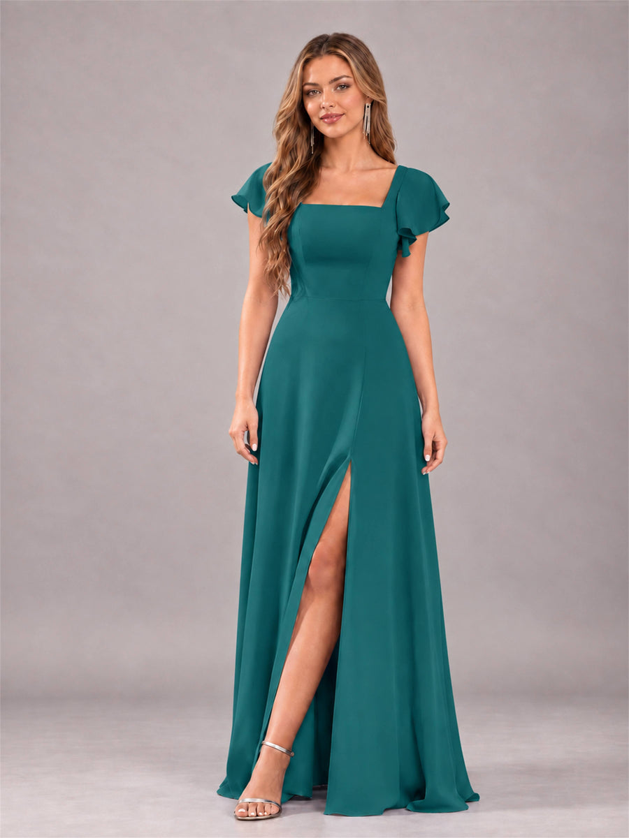 Teal Modern Square Neck Cap Sleeves Lace Up Chiffon Bridesmaid Dress